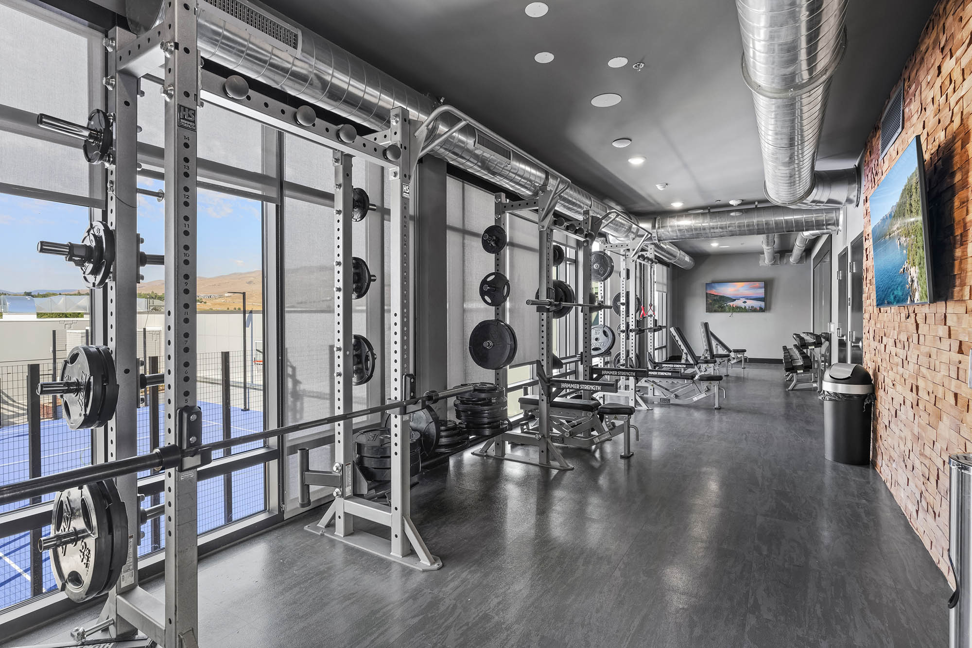 modern gym interior featuring weightlifting equipm